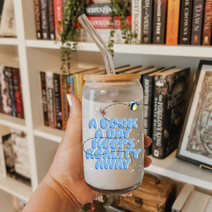 Glass Cup 500ml - A BOOK A DAY KEEPS REALITY AWAY
