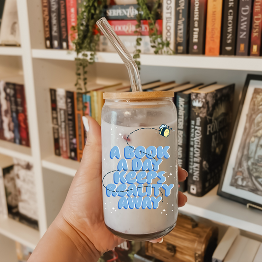 Glass Cup 500ml - A BOOK A DAY KEEPS REALITY AWAY
